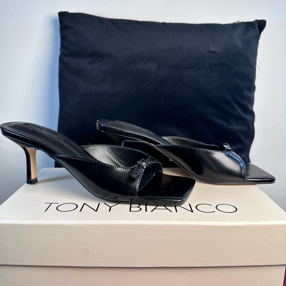 Tony Bianco Asar Sandal in Black Hi Shine slip on kitten heel leather - Picture 2 of 9